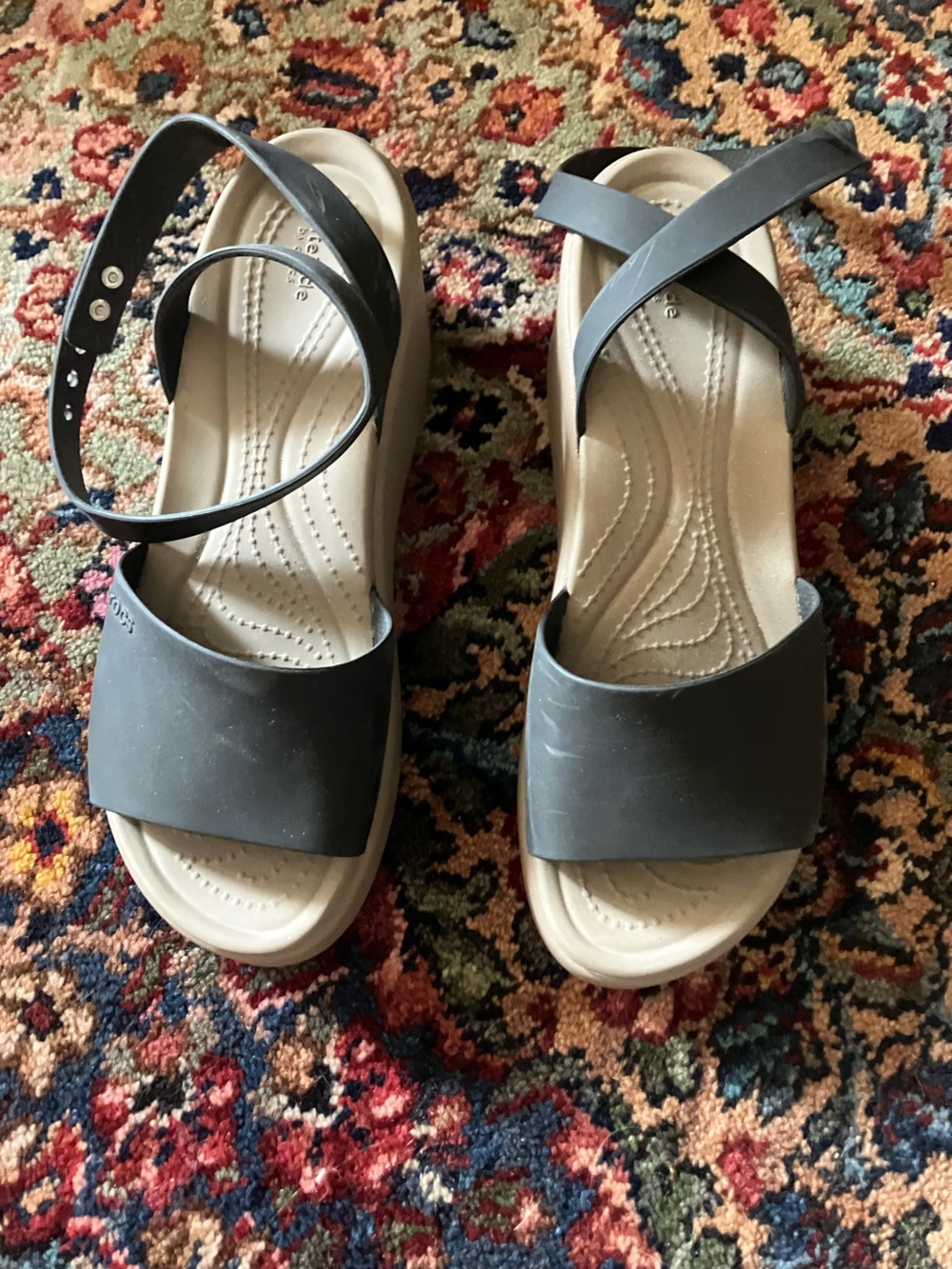 CROCS Women's Gray Strap Wedge Sandals with Tan Platform